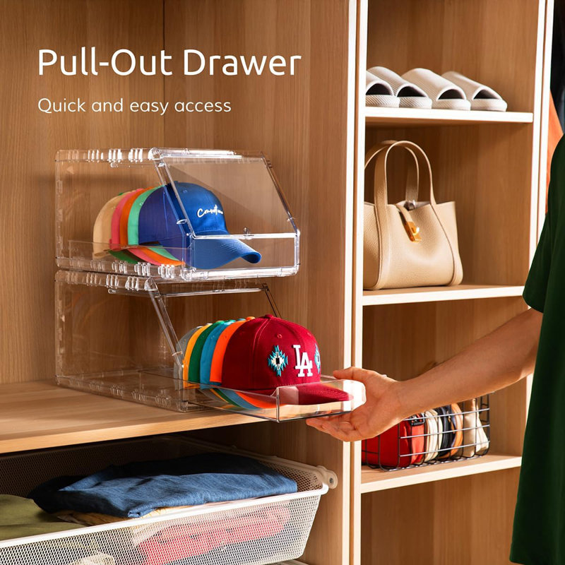 Ensemble de 2 casiers de rangement pour casquettes de baseball - Boîte de présentation transparente empilable avec tiroir coulissant, peut contenir 15 casquettes de baseball, organisateur de placard et de tablette pour chapeaux, présentoir transparent avec pieds antidérapants