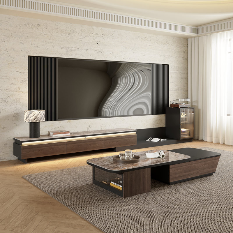 Modern Faux Marble Top 85.5‘’ W Extendable Coffee Table With Lift-Top Hidden Storage, Glass Door Cabinet And Drawers