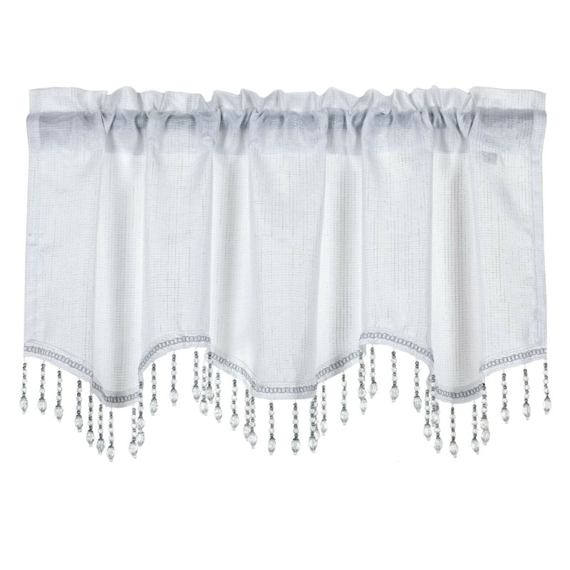 Kate Aurora 1 Piece Moroccan Sparkle Rod Pocket Semi Sheer Voile Beaded Trim Window Valance, White