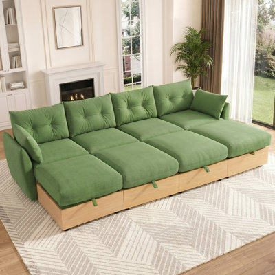 120" Modular L-U Shaped Sectional Sofa Sleeper with Storage, Convertible Modular Couch with Reversible Chaise, Deep Seat Cloud Sofa, Olive Green Upholstered Living Room Sofa with Wood Grain Base
