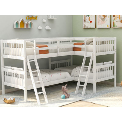 L-Shaped Bunk Bed with Ladder, Twin Size (No Box Spring Needed, Sturdy &amp; Durable)