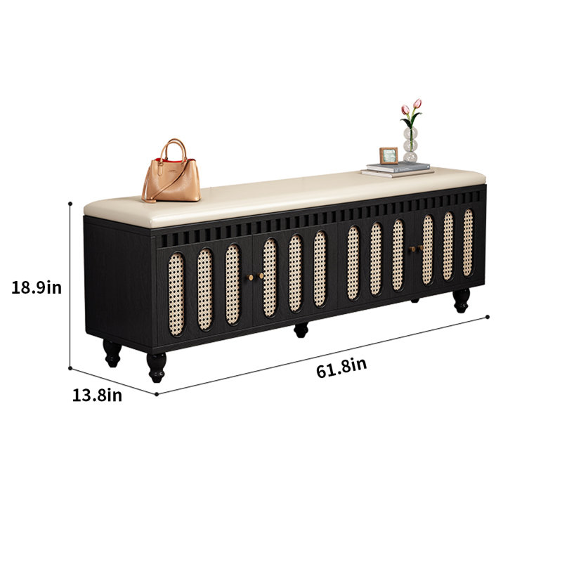 Banc de rangement pour chaussures en bois massif avec coussin de siège, Noir, noir, noir, noir