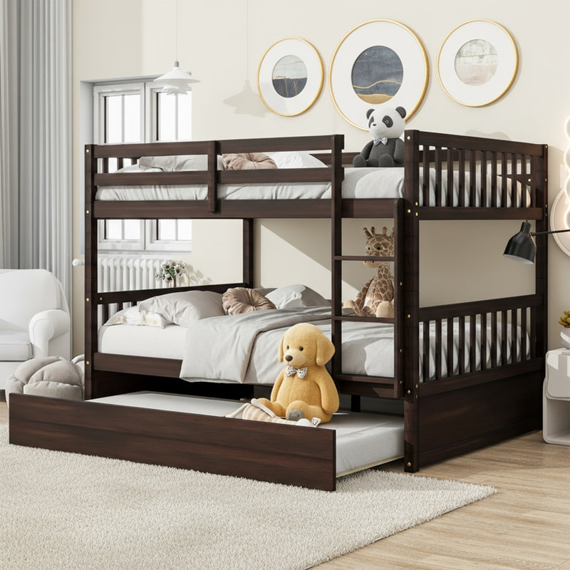  Full Over Full Bunk Bed With Twin Trundle Ladder And Guardrails Convertible To Two Full Beds For Kids Bedroom, Espresso