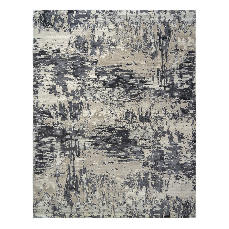 Tapis gris / bleu / ivoire en polypropylène / polyester à motif abstrait moderne Laeh Byrne, Rectangle 6 pi 6 po x 9 pi 6 po