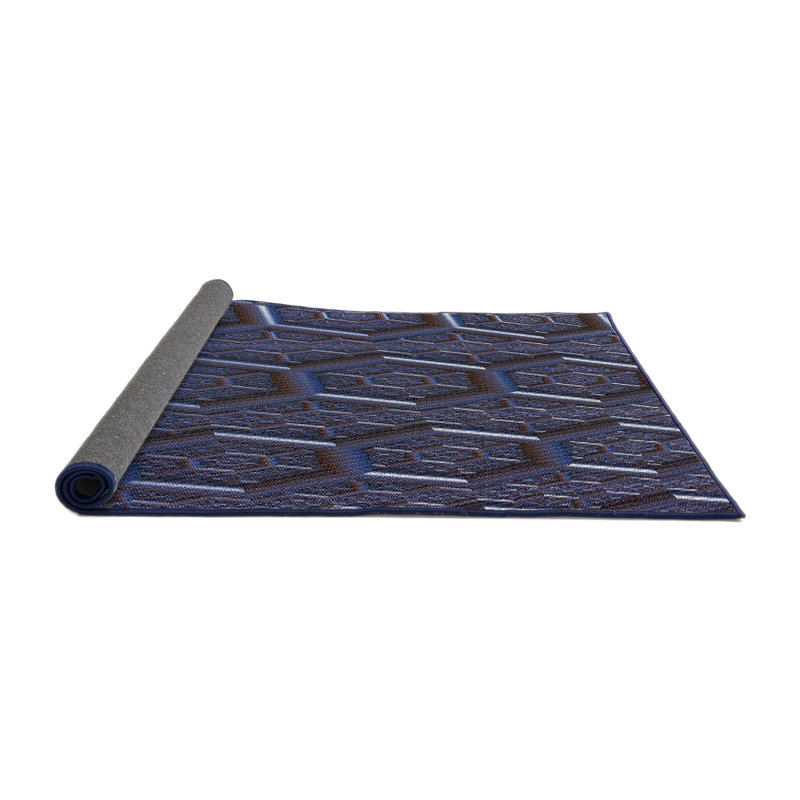 Laine et polyester bleu marine abstraits et fabriqués à la machine Tapis décoratif, Rond 3 pi