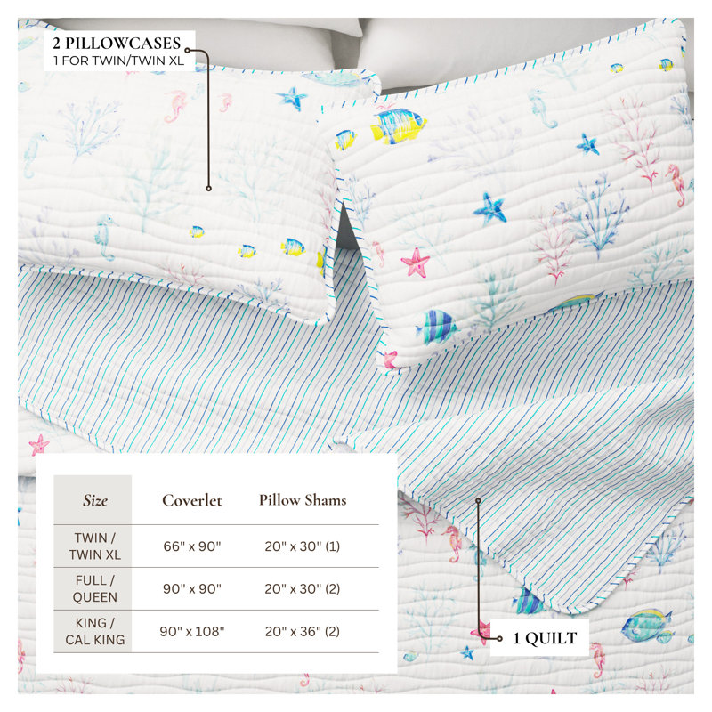 Blue Seashell Reversible Quilt Set with Shams, Full / Queen Quilt + 2 Standard Shams, Colorful Seascape