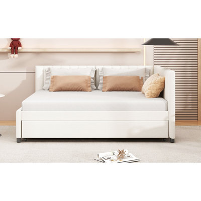 Upholstered Daybed With Twin Size Trundle Beige , Stable And Reliable Trundle, Beige Linen, Enjoy A Comfy Sleep
