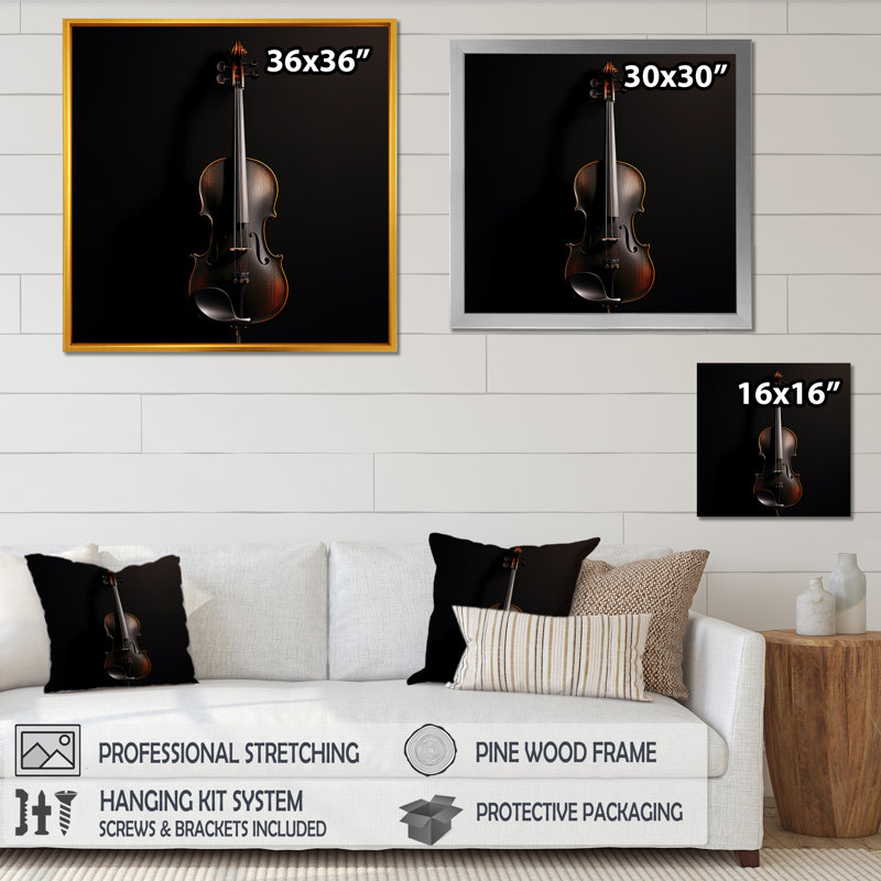 Violon vibrato élégant ébène sur toile, Cadre flottant doré, H 16 po x l 16 po x P 1 po