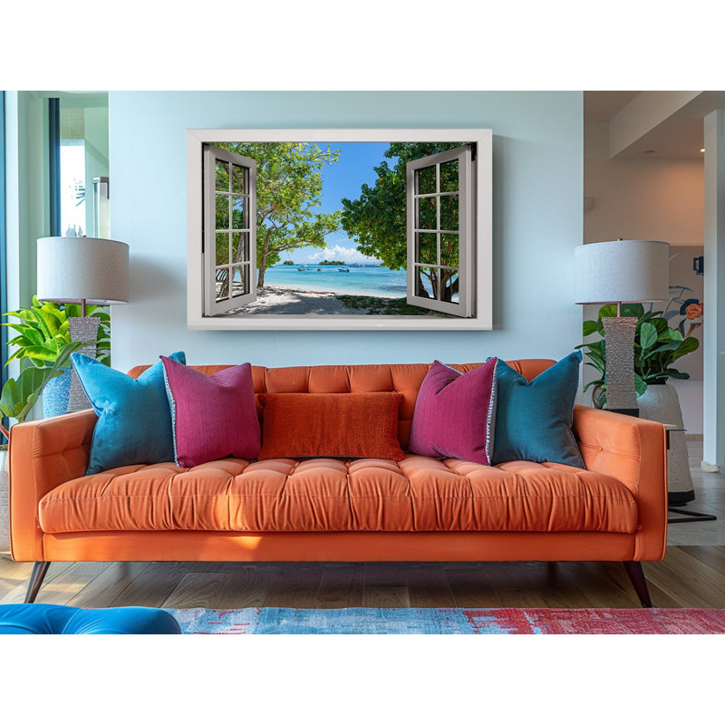 Reproduction de peinture, fenêtre, vue sur l'océan, bord de mer, plage sur toile, décoration murale, H 16 po x l 24 po