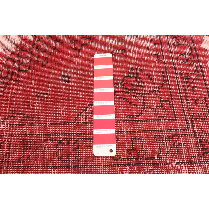 Tapis décoratif en laine rouge de conception unique noué à la main des années 1990 9 pi 7 po x 12 pi 7 po Cebastian