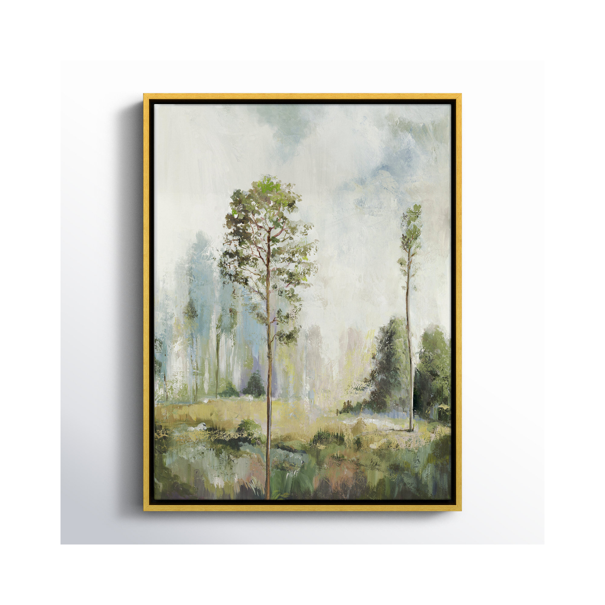Tall Green Trees I by Teton Pearce - Floater Frame Print on Canvas, 25.5" H x 19.5" W, Gold