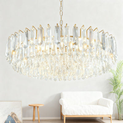 Lustre en cristal doré à 3 niveaux avec 12 lumières, luminaire suspendu moderne à hauteur réglable pour vestibule de salon de salle à manger, éclairage de plafond à intensité variable avec cristaux K9