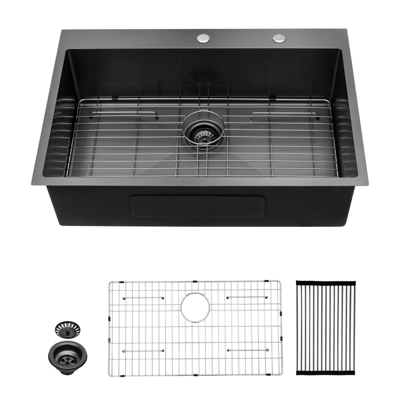 33" L x 22" W Drop-In Single Bowl Stainless Steel Kitchen Sink with Basket Strainer and Sink Grid, Gunmetal Black
