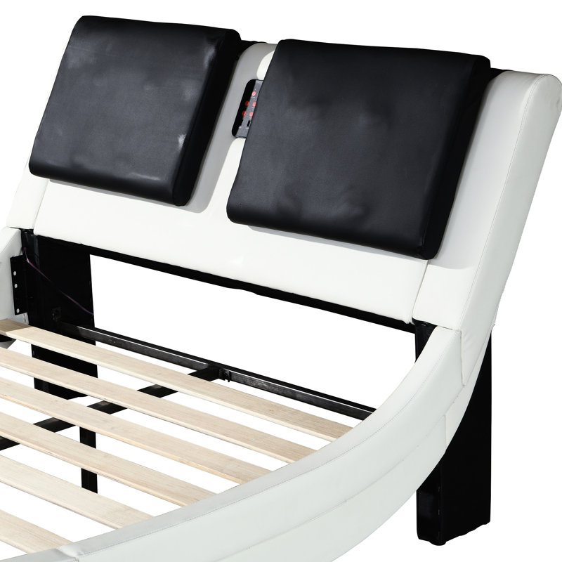 Base de lit en similicuir blanc grand lit, plateforme avec lumières à DEL, contrôle de la musique, massage par vibration, conception de courbe, support à lattes de bois, sans sommier, charge, éclairage à limite de charge de 600 lb, fonction