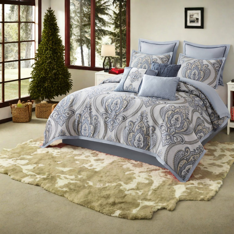 Piece Cal King Bedding Sets, Blue Jacquard Comforter, Elegant Bedroom
