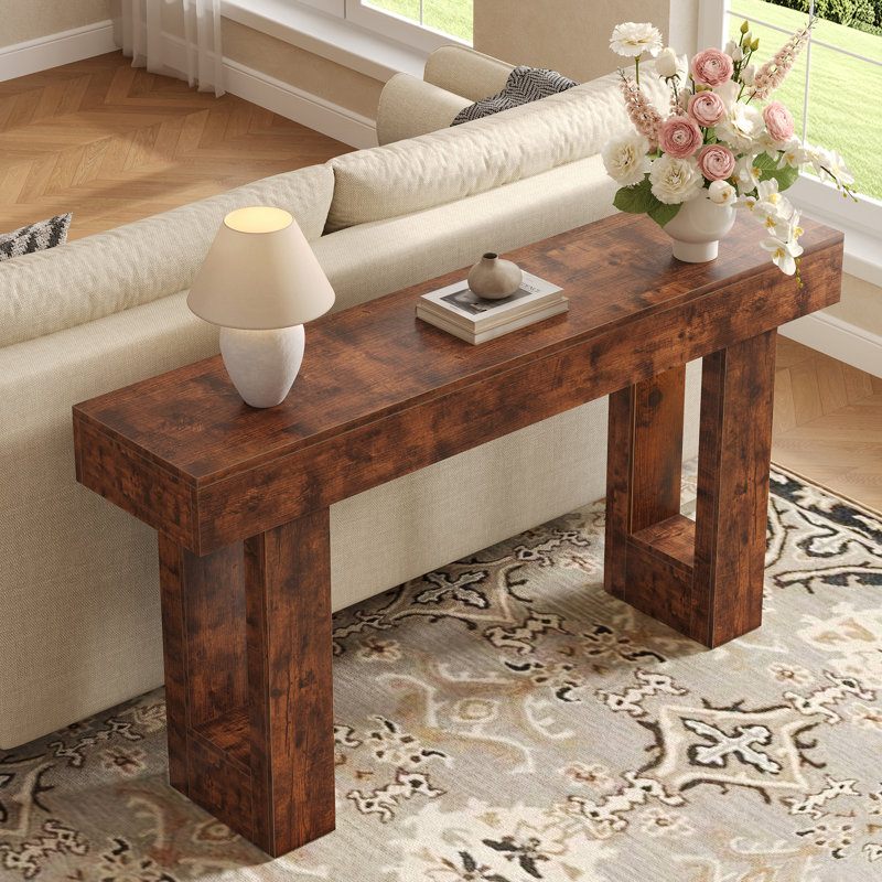 63" Narrow Rustic Sofa Table and Entryway Console in Deep Wood Grain, Brown