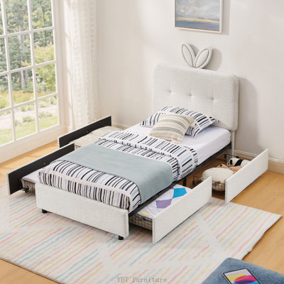 Lit simple tapissier pour enfant avec tête de lit surdimensionnée en forme de tête Boucle | Lumières DEL et 4 tiroirs de rangement, 79,5 po x 40,75 po x 41 po