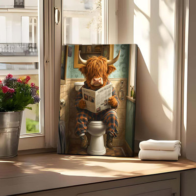 Funny Highland Cow Bathroom Art – Toilet Reading Canvas – Steampunk Wall Decor
