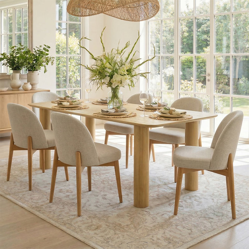 Ensemble de salle à manger 7 pièces rectangulaire en bois massif avec 6 chaises en lin, Beige