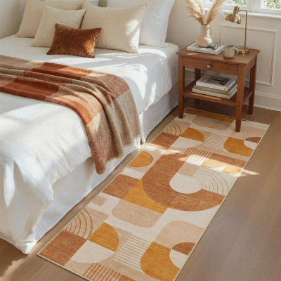 Tapis de couloir, tapis moderne, moelleux, abstrait, lavable 2 x 6, pour couloirs, tapis d'entrée antidérapant pour tapis de couloir, orange / rose, 2 pi x 6 pi