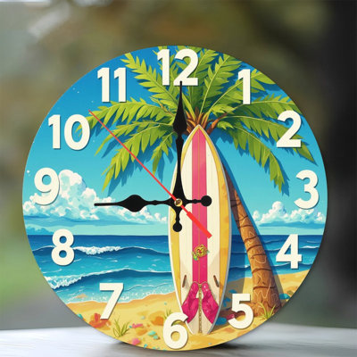 Clock With Beach Surfboard Palm Tree