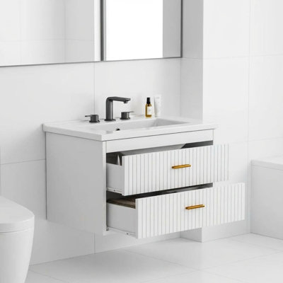 Ensemble de meuble-lavabo noir 24 po avec lavabo, meuble-lavabo mural flottant avec 2 tiroirs à fermeture en douceur et poignées dorées, meuble-lavabo moderne facile à assembler et ensemble de meuble-lavabo noir