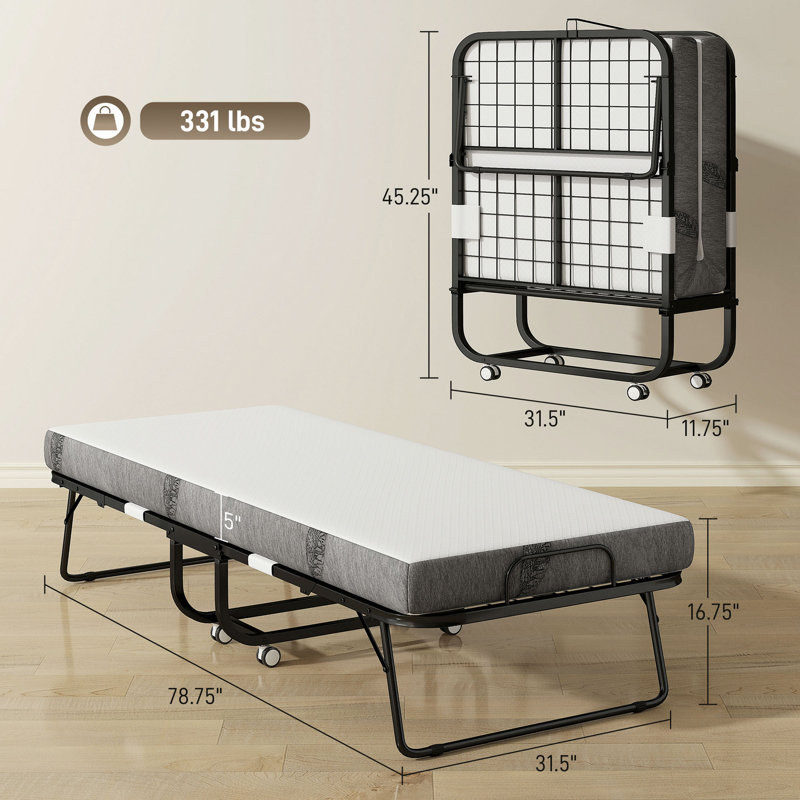 Lit pliant avec matelas pour adultes, taille unique, lit pliable portatif avec matelas en mousse à mémoire de forme et structure en acier