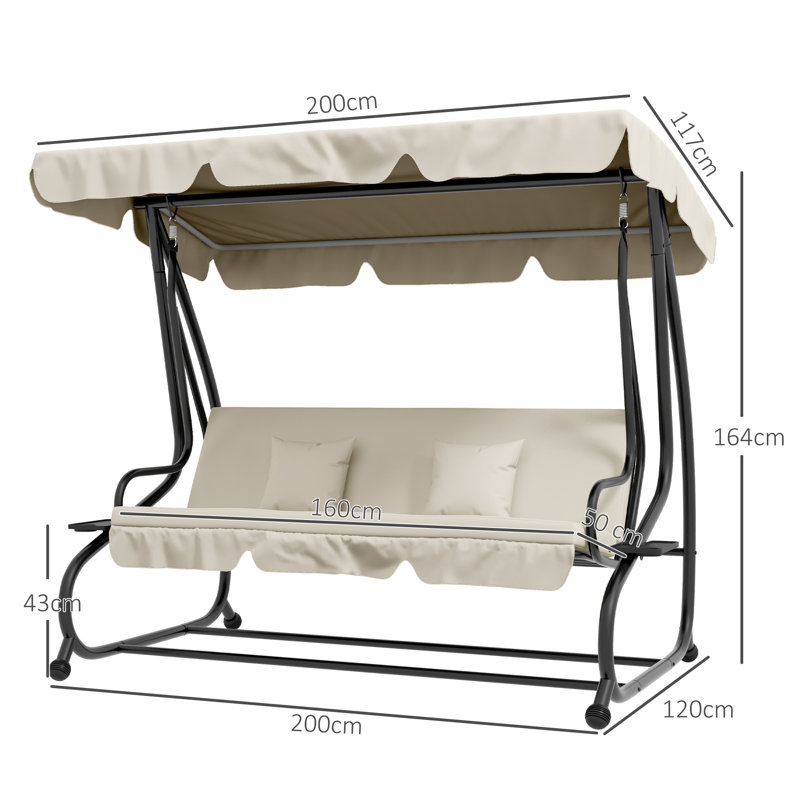3 Person Porch Swing with Canopy, Cream White, Black