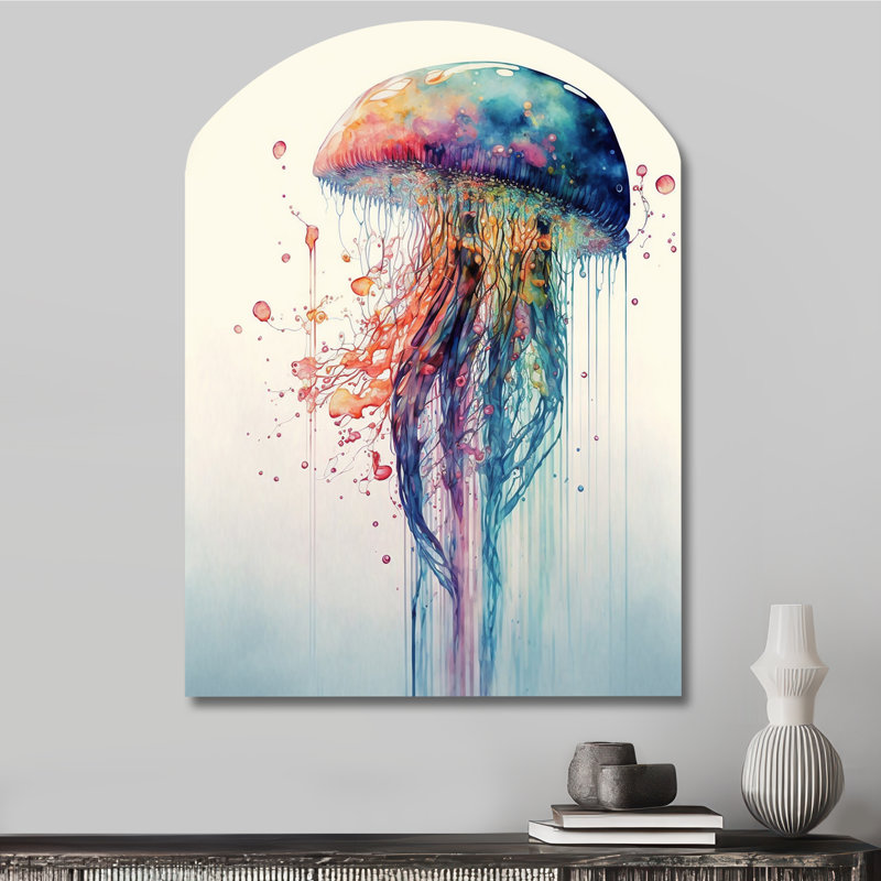 «Colorful Deepsea Jellyfish IV», art animalier en forme d'arche de poisson, H 34 po x l 25 po