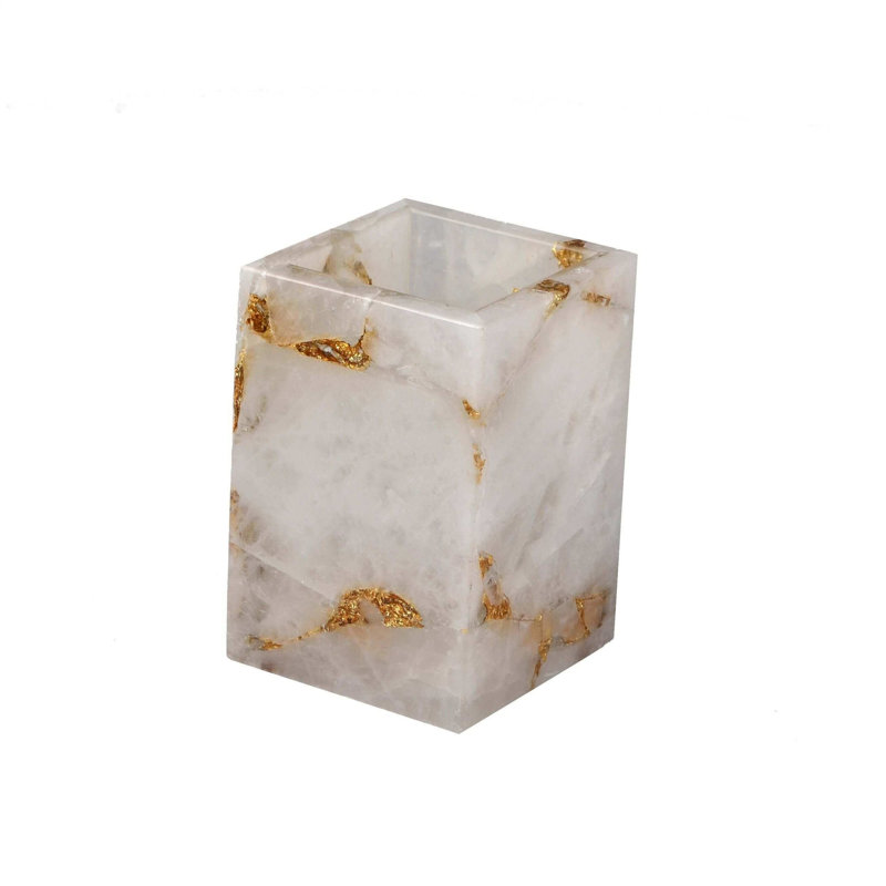 Gemstone White Quartz / GOLD FOIL Brush Holder