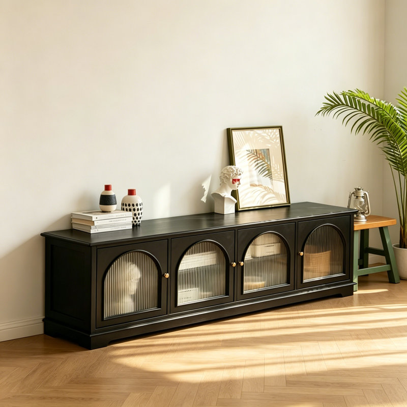 Meuble télé rétro en bois massif rétro avec bouleau, Black