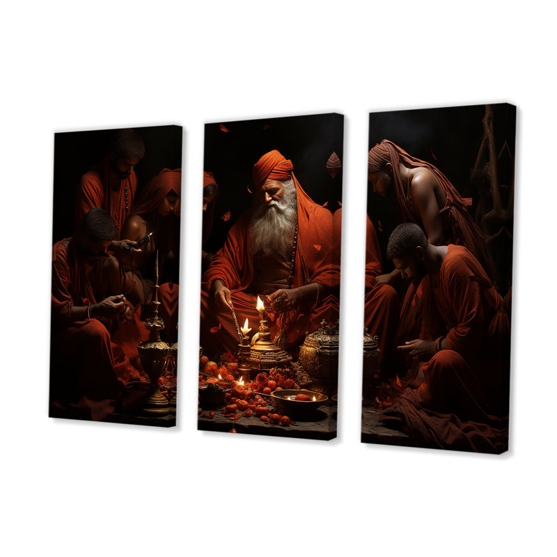 Hindouisme rituel résonnant bois de rose - ensemble d'art sur toile de l'hindouisme, H 40 po x l 60 po