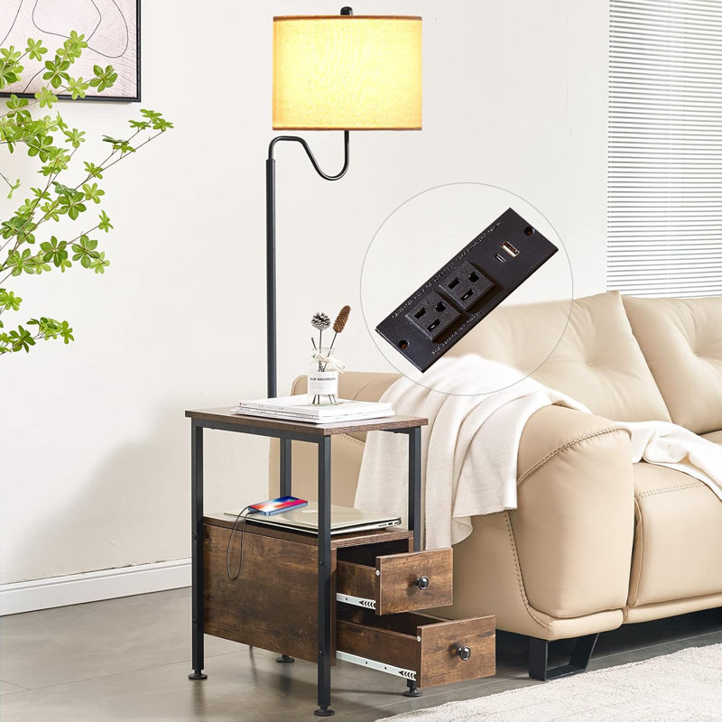 Floor Lamp With Side Table, Rustic End Table With USB & Type-C Ports, 2 Outlets And Storage Drawers, Adjustable Lampshade For Living Room Bedroom