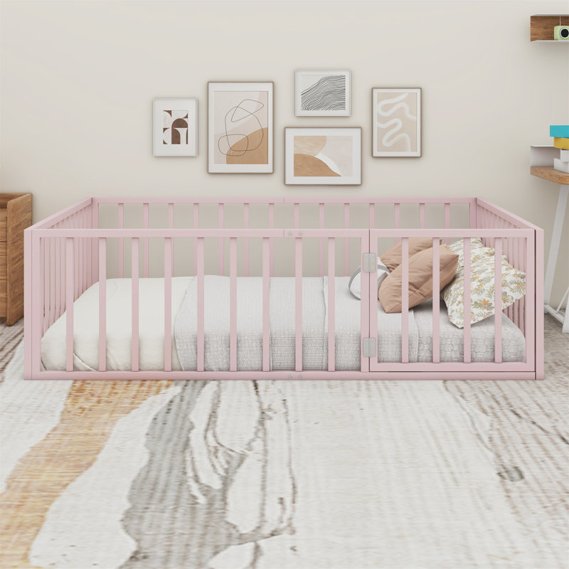 Floor Bed Frame With Fence And Door, Pink