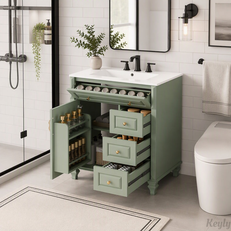 Meuble-lavabo de salle de bain de 76 cm avec lavabo en céramique, Vert