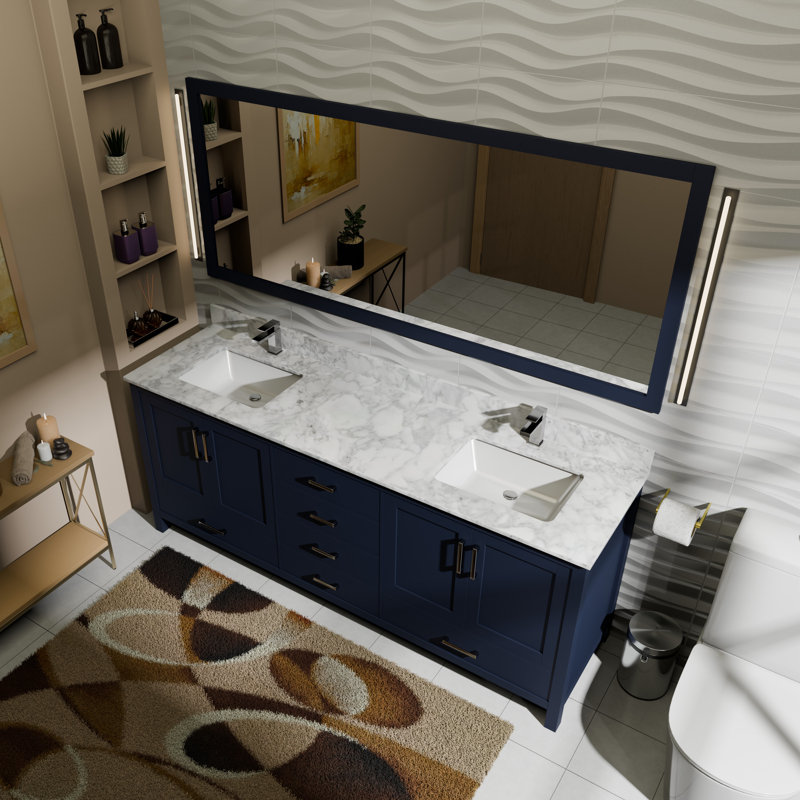 Jacques 72 in. W x 22 in. D Double Bath Vanity and 70 in. Mirror, White Carrara Marble, Navy Blue