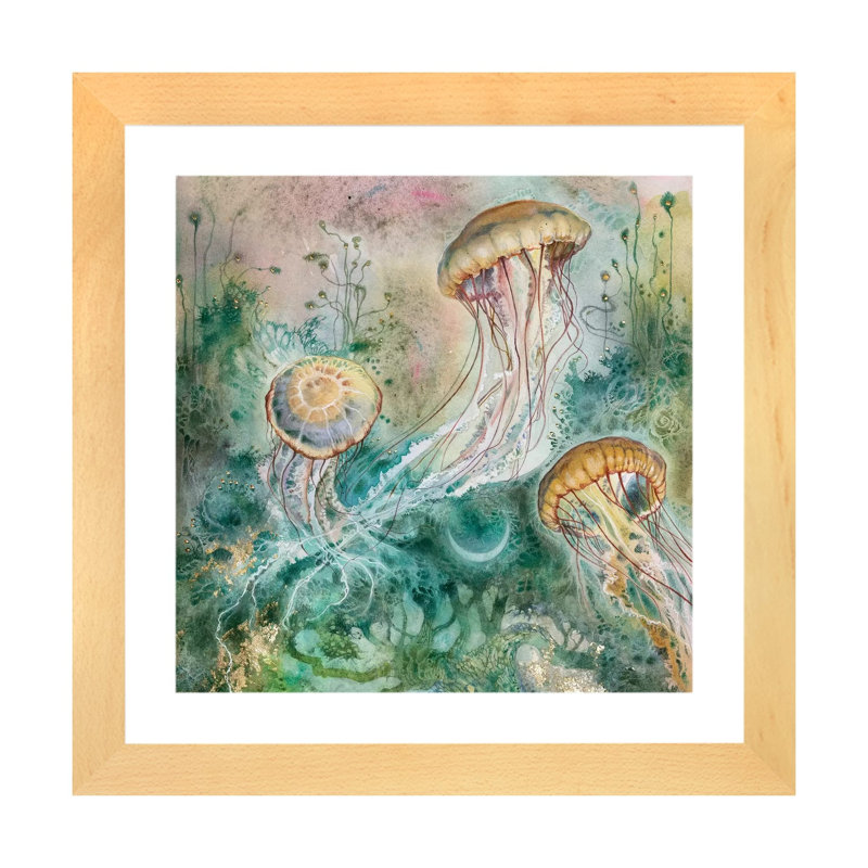 «Jellyfish» par Stephanie Law - impression d'art graphique, Toile avec cadre en bois beige, Blanc, H 16 po x l 16 po x p 1 po
