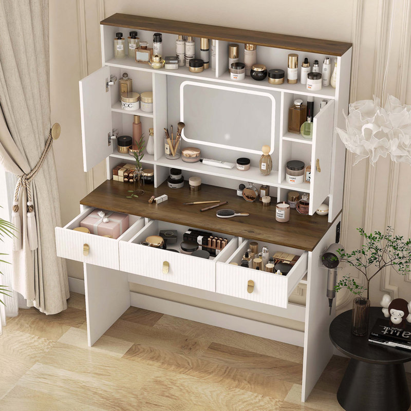 Coiffeuse Farmhouse avec miroir lumineux et rangement