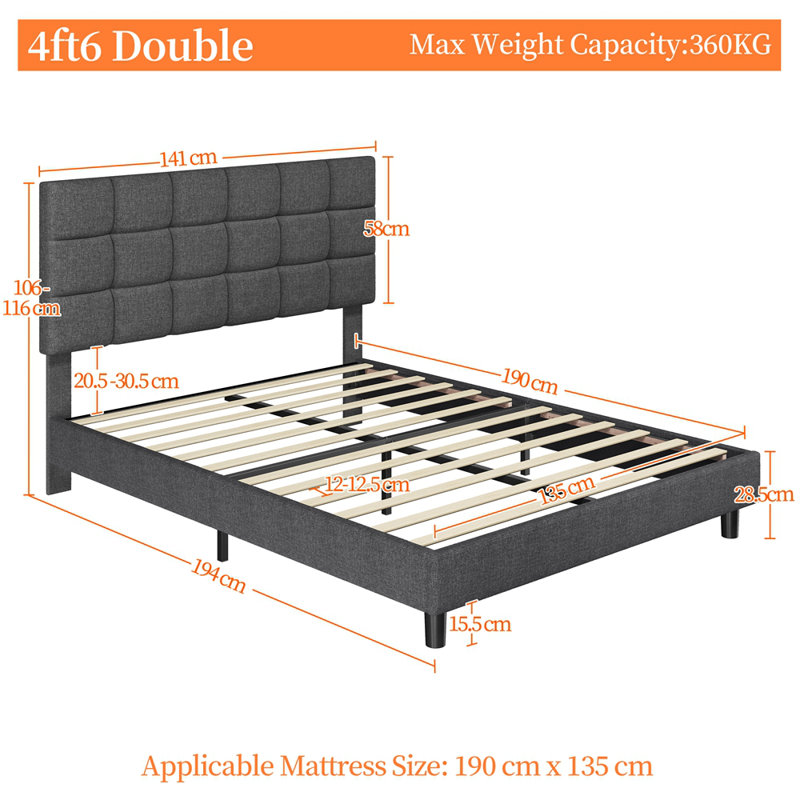 Size Modern Upholstered Bed Frame with Adjustable Square Tufted Headboard, Double (4'6), Dark Grey