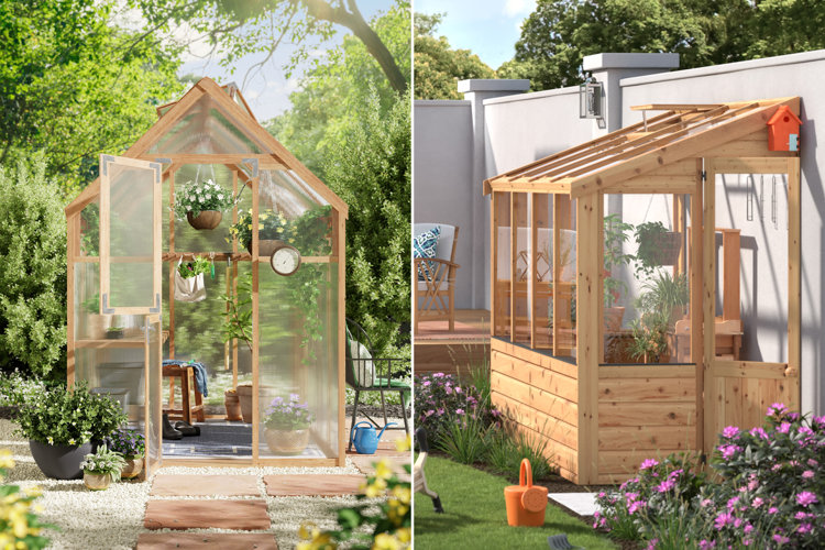 image comparing a freestanding greenhouse and a lean-to greenhouse