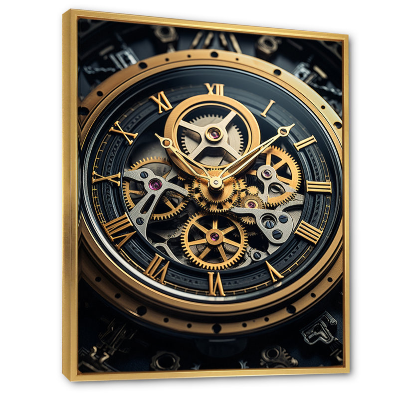 Horloge, heure dévoilée I - impression sur toile tendance, Cadre flottant doré, H 44 po x l 34 po x P 1,5 po
