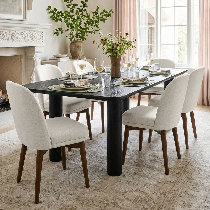 Ensemble de table de salle à manger 67 "en bois avec 6 chaises rembourrées, Beige