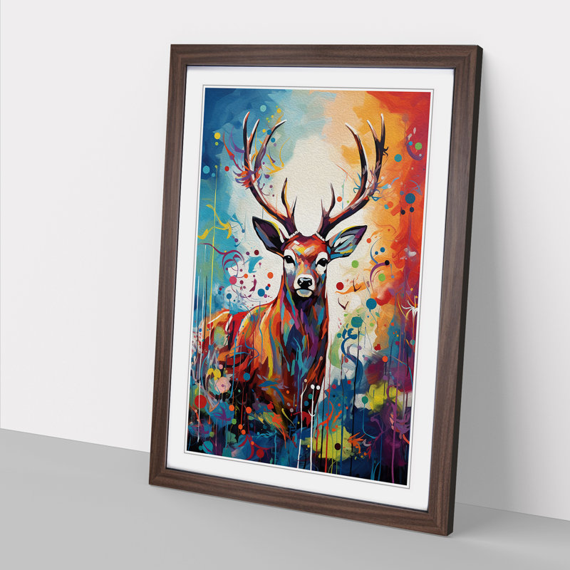 Deer Expressionism - Single Picture Frame Print on Wood, 64cm H x 46cm W, Walnut Framed