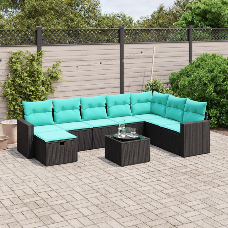 Ensemble de canapé de patio 9 pièces avec coussins en rotin de polyester, Bleu clair, Noir