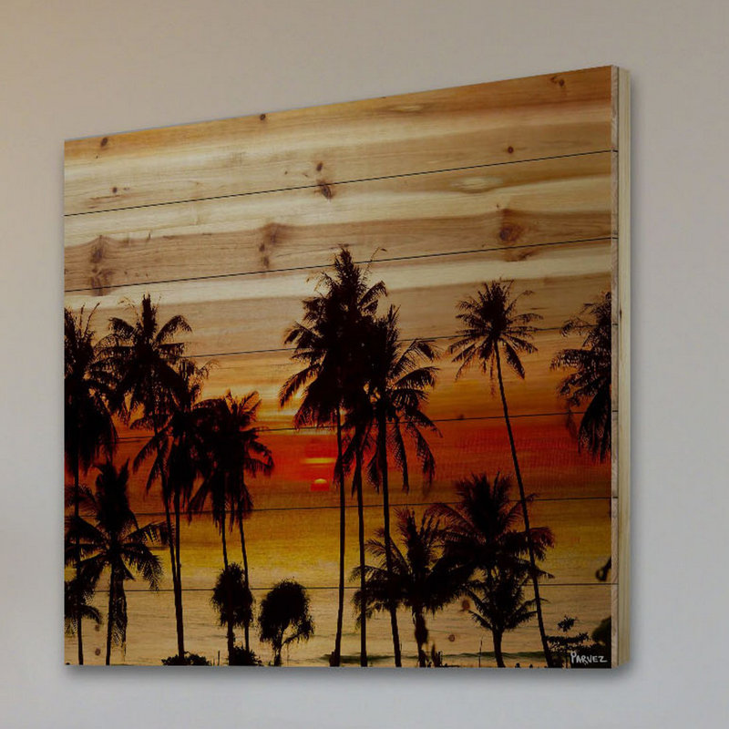 « crépuscule palms » par parvez taj,, reproduction d’art sur bois de pin naturel, H 24 po x l 24 po x P 1,5 po