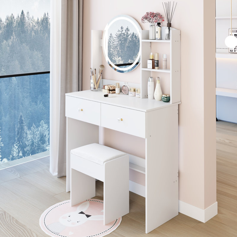 17" Round Led Dressing Table And Stool , 3 - Color Adjustable Brightness Mirror, Large Desktop, High Capacity Storage, Compact, Small Areas, White Vanity , Brightness, Soft Stool, Multi Layer