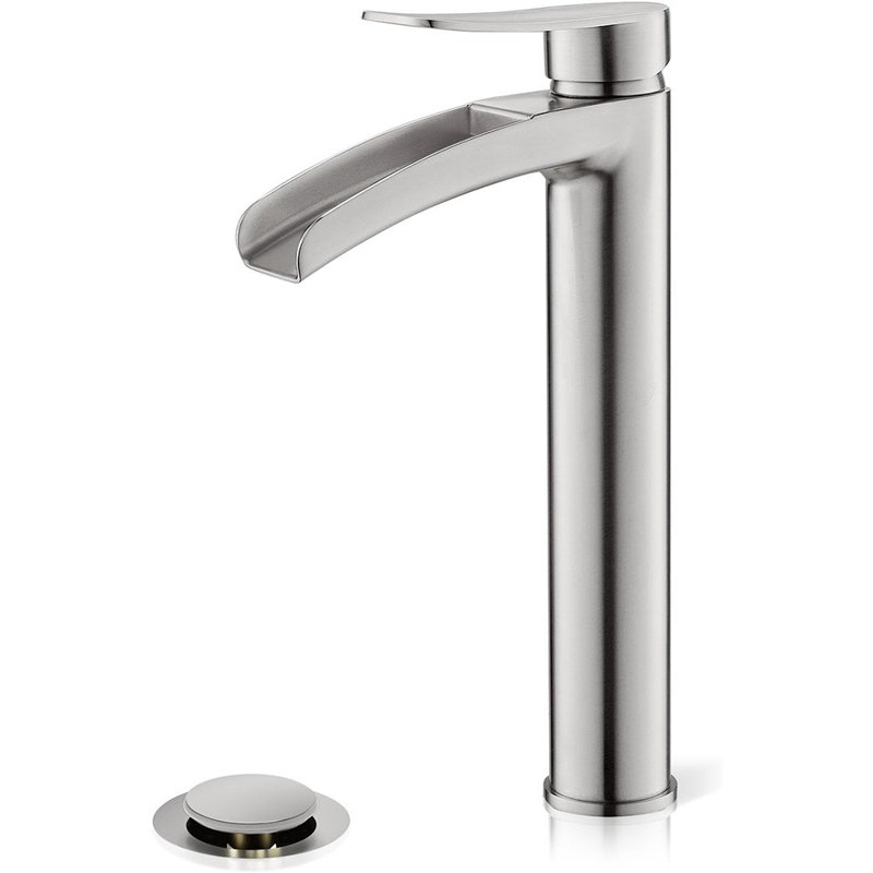 Brushed Nickel Tall Bathroom Vessel Sink Faucet, Single Hole Single Handle Waterfall Modern Bathroom Faucet, With Pop Up Drain And Water Supply Line.