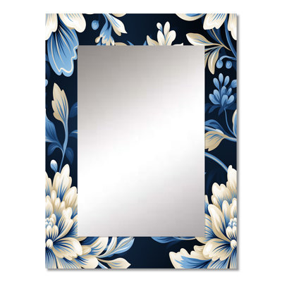 Mathers White And Blue Symmetrical Damask - damask  Wall Mirror, Boho Decorative Mirror, Printed Metal Art