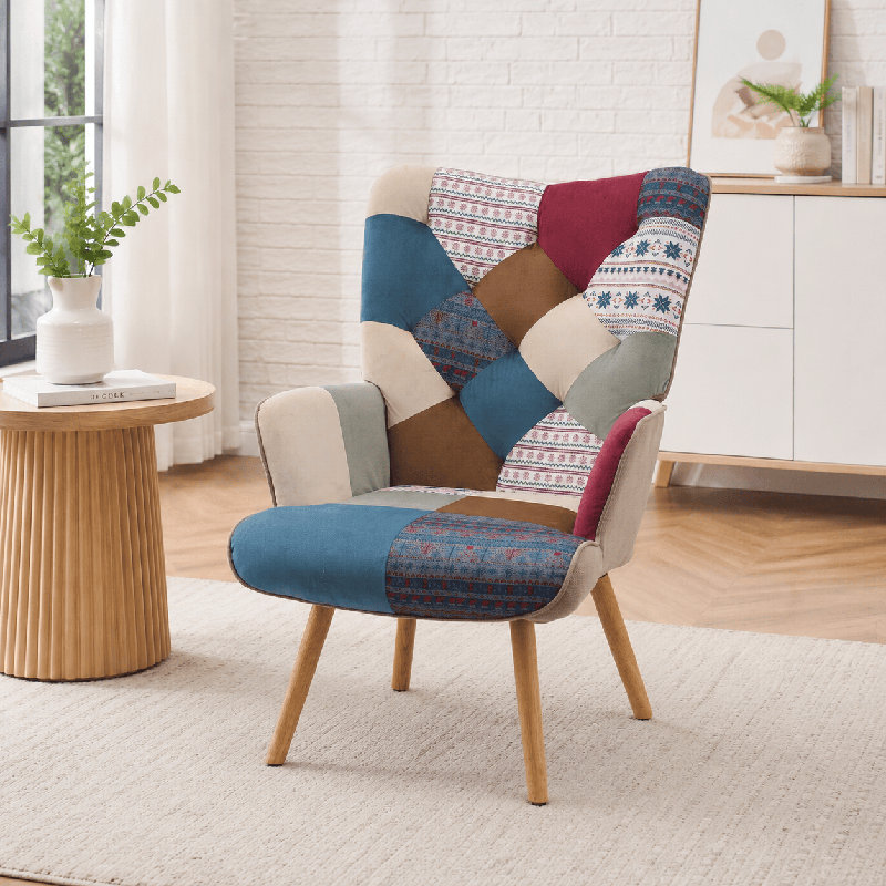 Fauteuil décoratif à haut dossier pour chambre et coin lecture Floral Patchwork, Strips/Navy Blue Polyester Blend