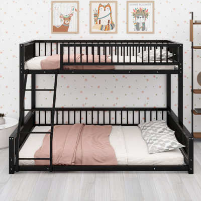 Floor Bunk Bed Frame With Ladder And Safety Guardrails